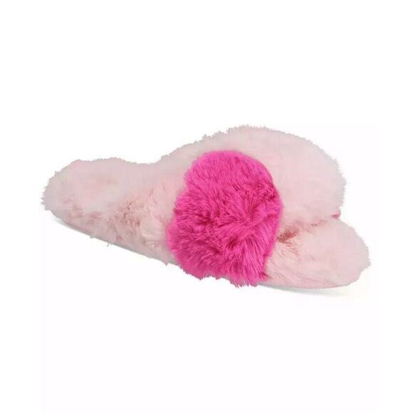NWT Macy's Jenni Faux Fur Solid Crossband Slippers L 9-10 Soft Two-Tone Pink - Picture 1 of 6